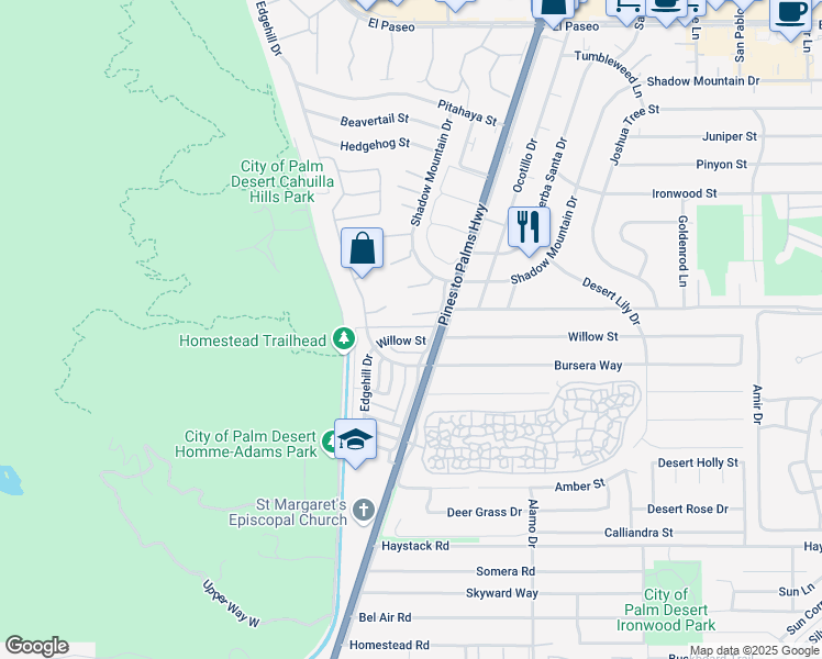 map of restaurants, bars, coffee shops, grocery stores, and more near 72763 Willow Street in Palm Desert