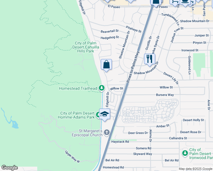map of restaurants, bars, coffee shops, grocery stores, and more near 72664 Willow Street in Palm Desert