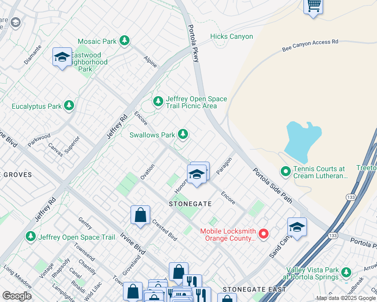 map of restaurants, bars, coffee shops, grocery stores, and more near 53 Rossmore in Irvine