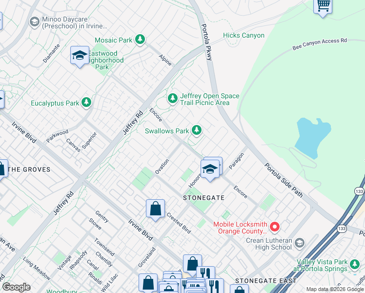 map of restaurants, bars, coffee shops, grocery stores, and more near 139 Beechmont in Irvine