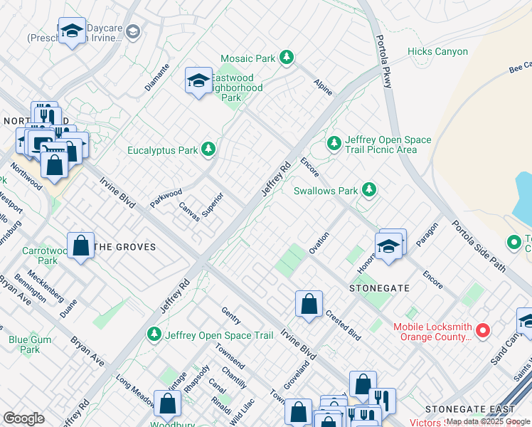 map of restaurants, bars, coffee shops, grocery stores, and more near 76 Melville in Irvine