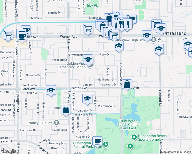 map of restaurants, bars, coffee shops, grocery stores, and more near 17401 Mayor Lane in Huntington Beach