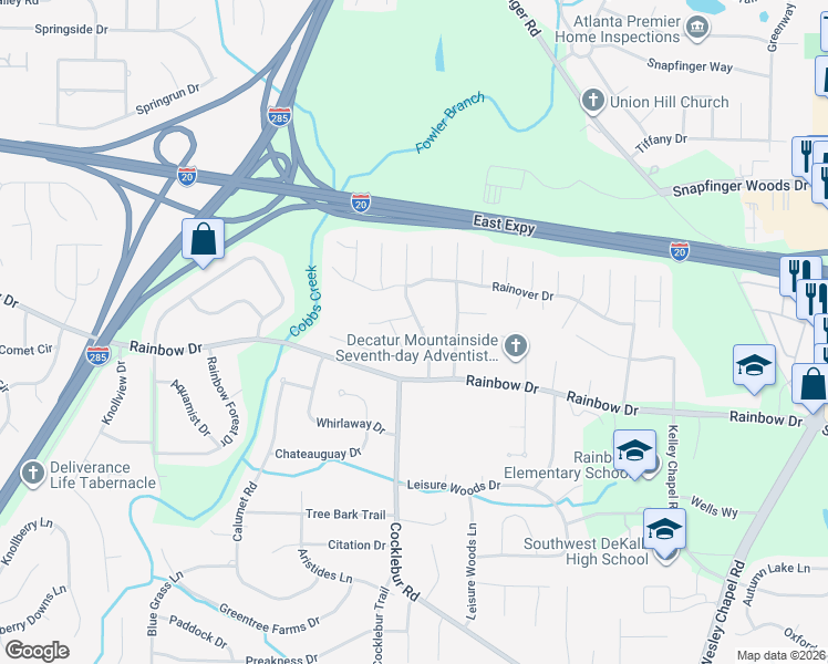 map of restaurants, bars, coffee shops, grocery stores, and more near 2643 Rainbow Creek Drive in Decatur