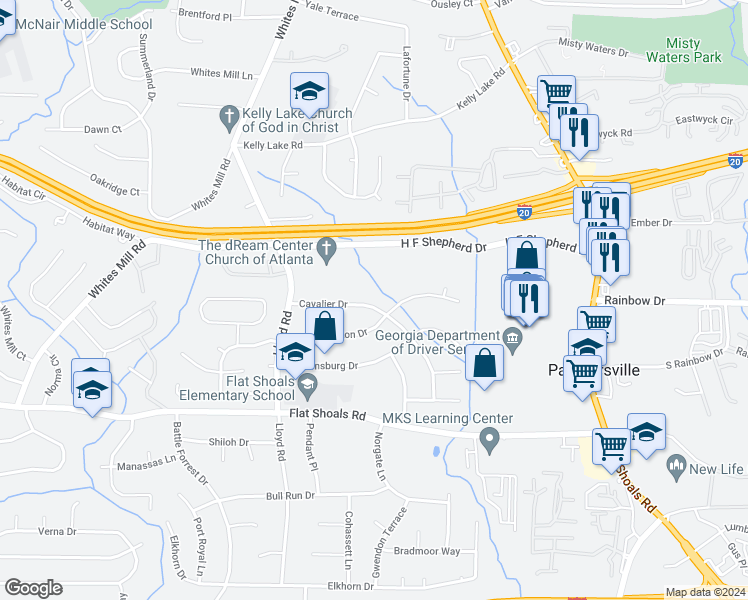 map of restaurants, bars, coffee shops, grocery stores, and more near 2631 Cavalier Drive in Decatur