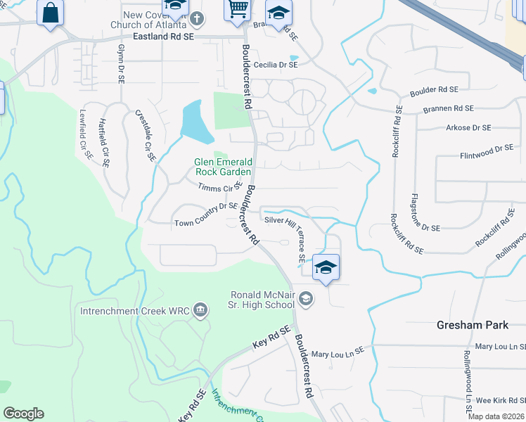 map of restaurants, bars, coffee shops, grocery stores, and more near 3145 Silver Hill Terrace Southeast in Atlanta