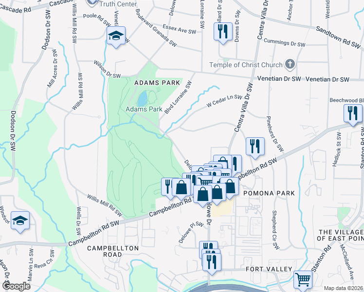 map of restaurants, bars, coffee shops, grocery stores, and more near 1672 Delowe Drive Southwest in Atlanta