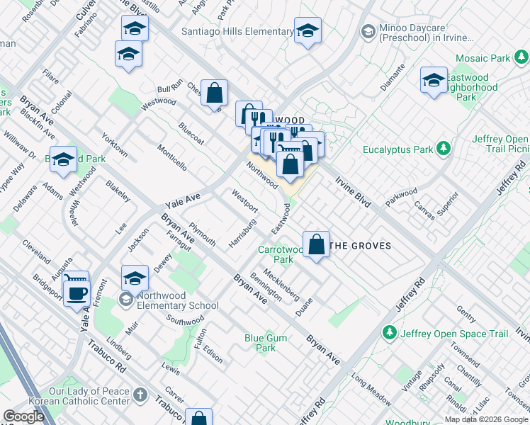 map of restaurants, bars, coffee shops, grocery stores, and more near 35 Westport in Irvine