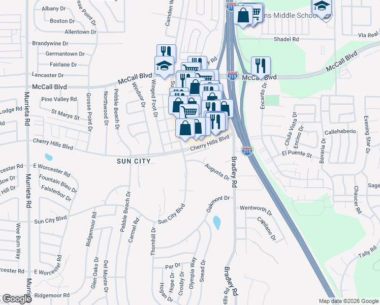 map of restaurants, bars, coffee shops, grocery stores, and more near 26769 Cherry Hills Boulevard in Menifee