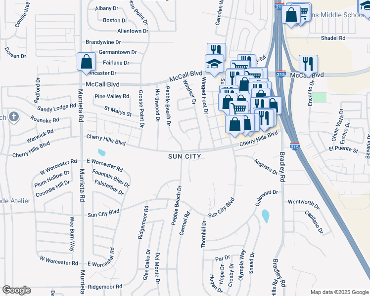 map of restaurants, bars, coffee shops, grocery stores, and more near 28296 Pebble Beach Drive in Menifee