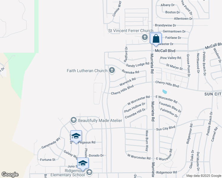 map of restaurants, bars, coffee shops, grocery stores, and more near 25621 Warwick Road in Menifee