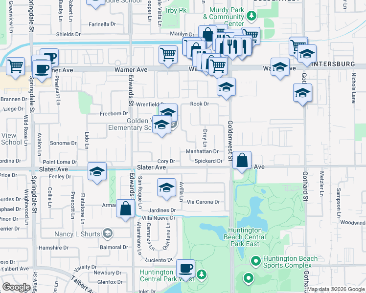 map of restaurants, bars, coffee shops, grocery stores, and more near 17382 Mayor Lane in Huntington Beach