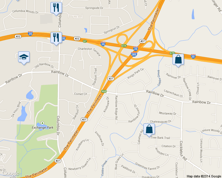 map of restaurants, bars, coffee shops, grocery stores, and more near 3554 Rainbow Drive in Decatur