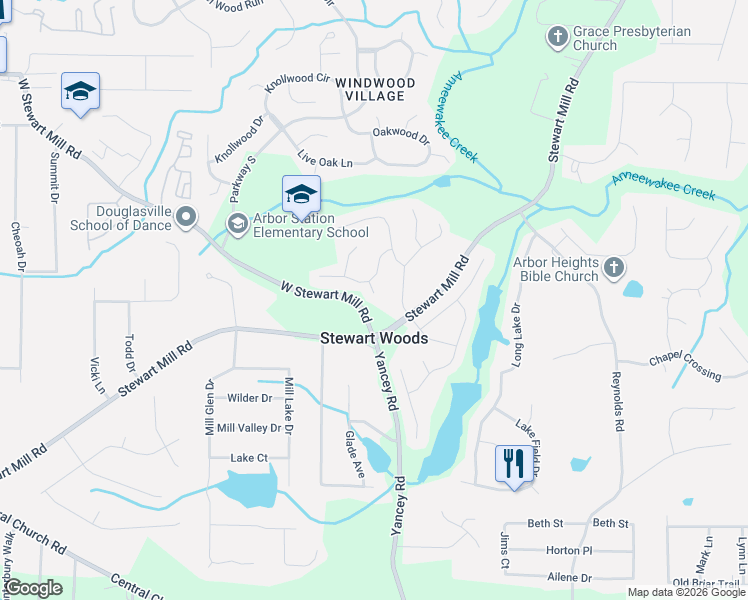 map of restaurants, bars, coffee shops, grocery stores, and more near 5161 Stewart Mill Road in Douglasville