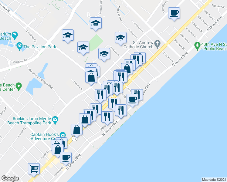 map of restaurants, bars, coffee shops, grocery stores, and more near in Myrtle Beach