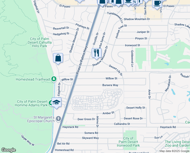 map of restaurants, bars, coffee shops, grocery stores, and more near 72948 Willow Street in Palm Desert
