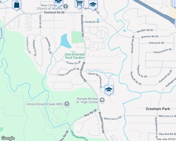 map of restaurants, bars, coffee shops, grocery stores, and more near 3145 Silver Hill Terrace Southeast in Atlanta