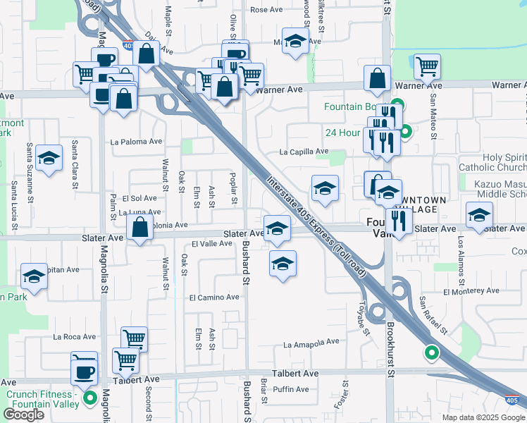 map of restaurants, bars, coffee shops, grocery stores, and more near 17460 Dixie Street in Fountain Valley