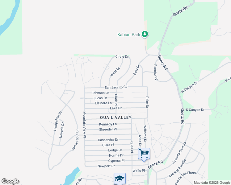 map of restaurants, bars, coffee shops, grocery stores, and more near Johnson Lane in Menifee