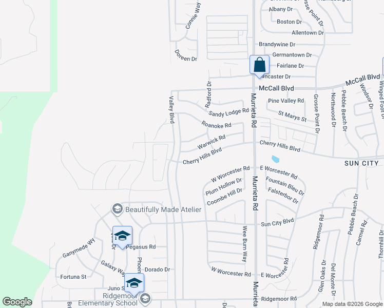 map of restaurants, bars, coffee shops, grocery stores, and more near 25670 Cherry Hills Boulevard in Menifee