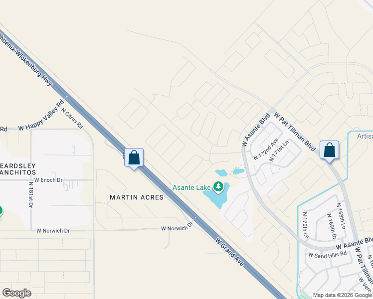 map of restaurants, bars, coffee shops, grocery stores, and more near 24776 North 175th Avenue in Surprise