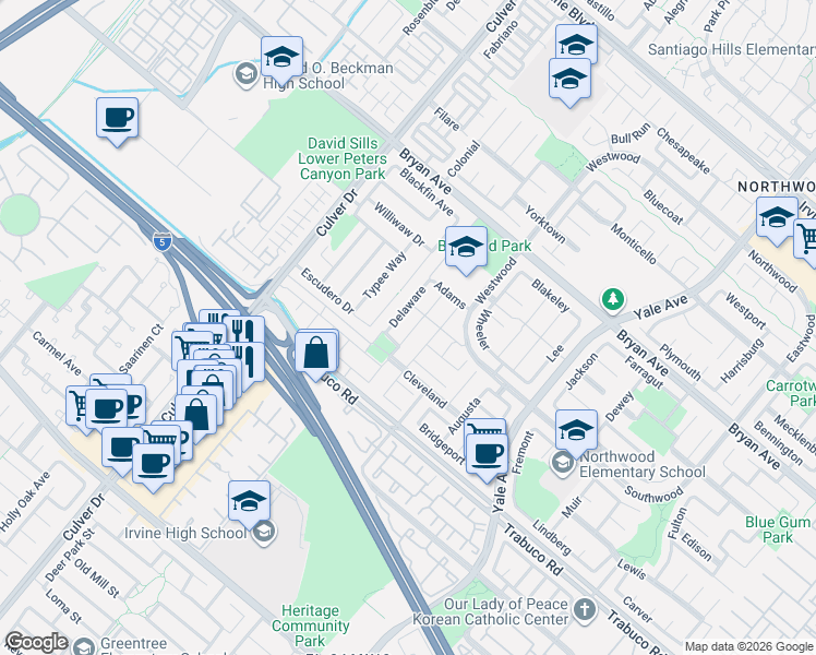 map of restaurants, bars, coffee shops, grocery stores, and more near 33 Wakefield in Irvine