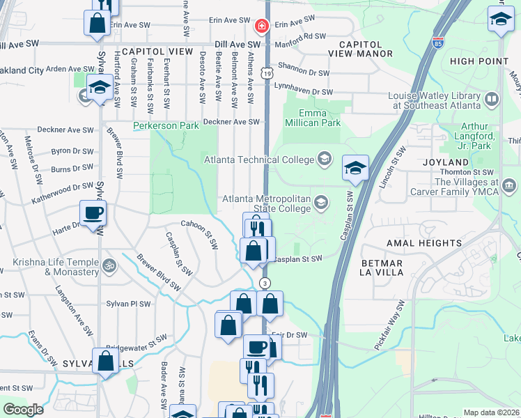 map of restaurants, bars, coffee shops, grocery stores, and more near 1650 Metropolitan Parkway Southwest in Atlanta