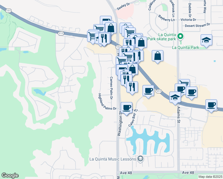 map of restaurants, bars, coffee shops, grocery stores, and more near Cameo Palm Drive in La Quinta