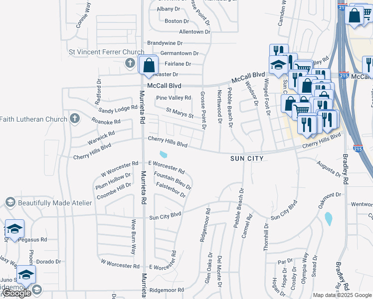 map of restaurants, bars, coffee shops, grocery stores, and more near 26215 Cherry Hills Boulevard in Menifee