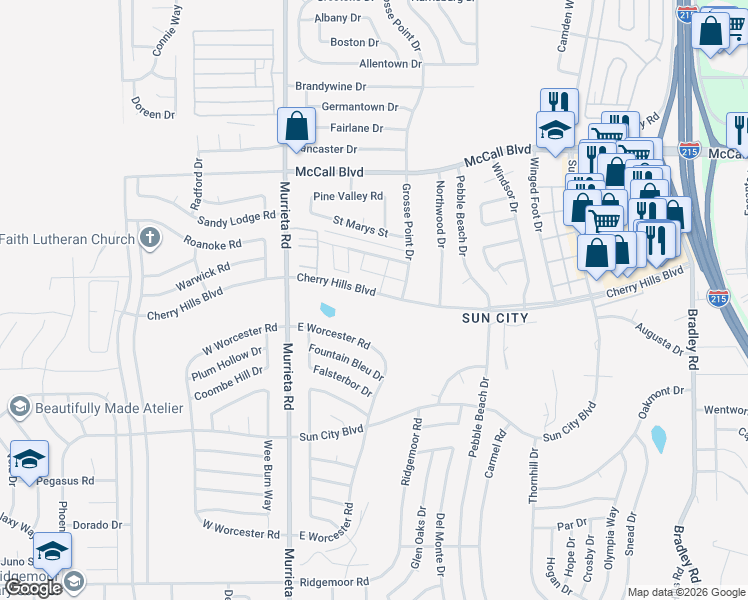 map of restaurants, bars, coffee shops, grocery stores, and more near 26215 Cherry Hills Boulevard in Menifee