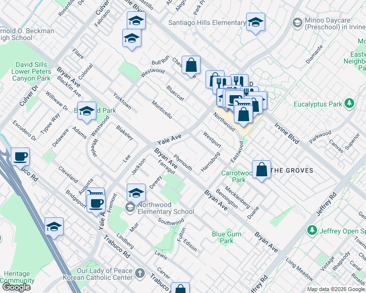 map of restaurants, bars, coffee shops, grocery stores, and more near 2 Blue Ridge in Irvine
