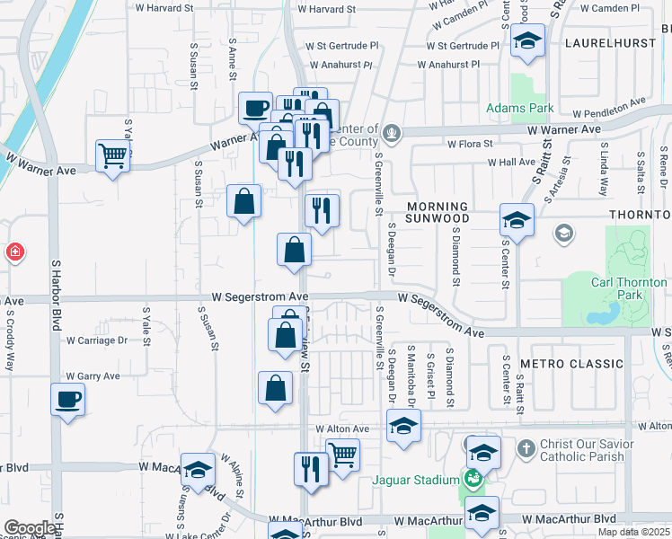 map of restaurants, bars, coffee shops, grocery stores, and more near 2813 South Fairview Street in Santa Ana