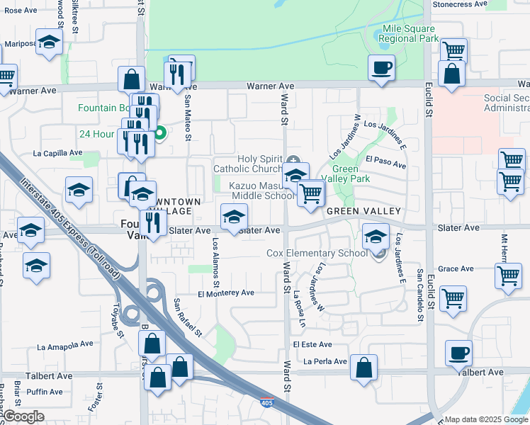 map of restaurants, bars, coffee shops, grocery stores, and more near 10441 Slater Avenue in Fountain Valley