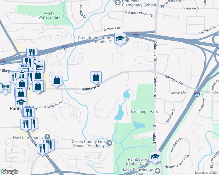 map of restaurants, bars, coffee shops, grocery stores, and more near 3181 Rainbow Drive in Decatur