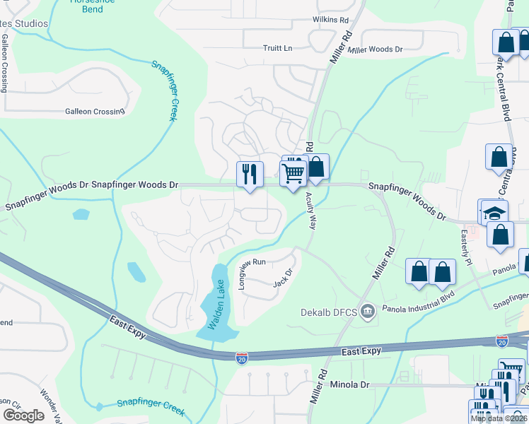 map of restaurants, bars, coffee shops, grocery stores, and more near 2668 Avanti Way in Decatur