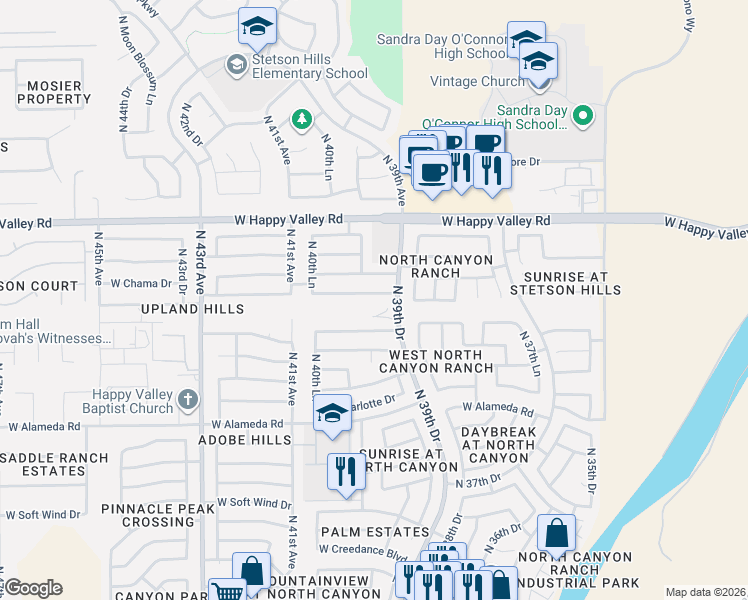map of restaurants, bars, coffee shops, grocery stores, and more near 3931 West Whispering Wind Drive in Glendale
