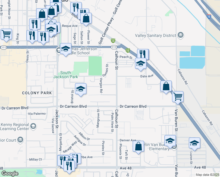 map of restaurants, bars, coffee shops, grocery stores, and more near 46731 Calhoun Street in Indio