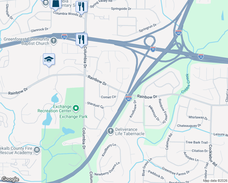 map of restaurants, bars, coffee shops, grocery stores, and more near 3485 Rainbow Drive in Decatur