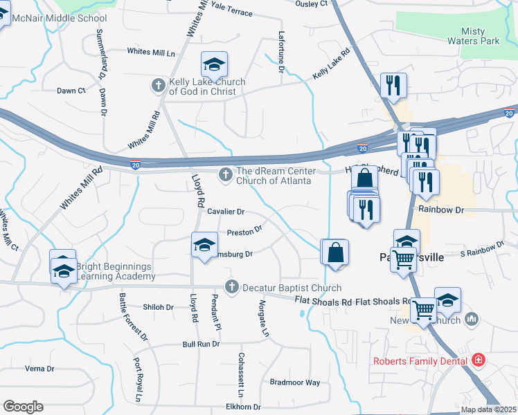 map of restaurants, bars, coffee shops, grocery stores, and more near 2648 Cavalier Drive in Decatur