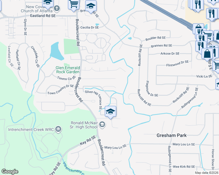map of restaurants, bars, coffee shops, grocery stores, and more near 2559 Boulder Hill Court Southeast in Atlanta