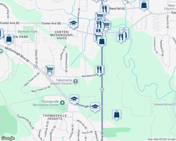 map of restaurants, bars, coffee shops, grocery stores, and more near 1638 Woodland Avenue Southeast in Atlanta