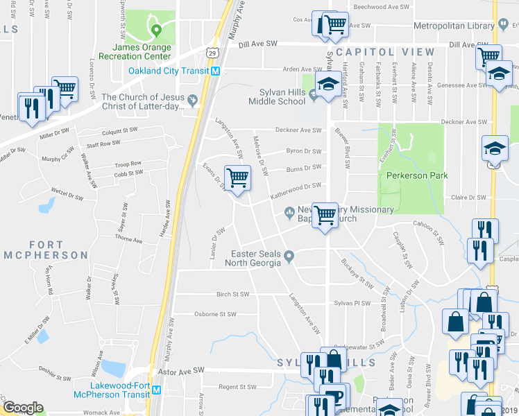 map of restaurants, bars, coffee shops, grocery stores, and more near 1046 Katherwood Drive Southwest in Atlanta