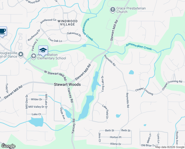 map of restaurants, bars, coffee shops, grocery stores, and more near 3480 Anna Ruby Lane in Douglasville