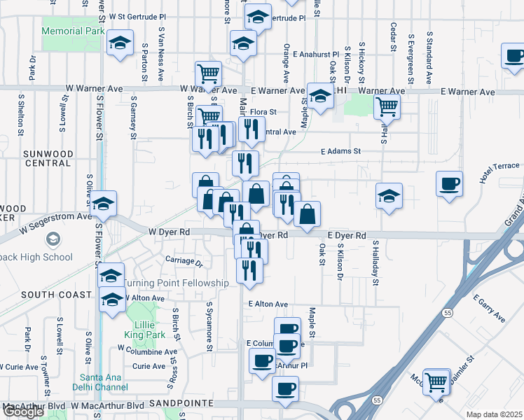 map of restaurants, bars, coffee shops, grocery stores, and more near 2711 South Main Street in Santa Ana