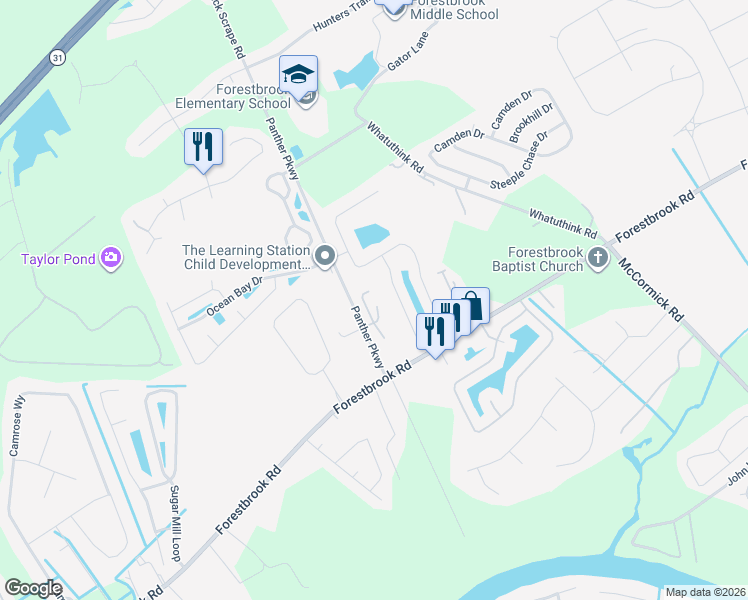 map of restaurants, bars, coffee shops, grocery stores, and more near 227 Fox Squirrel Drive in Myrtle Beach