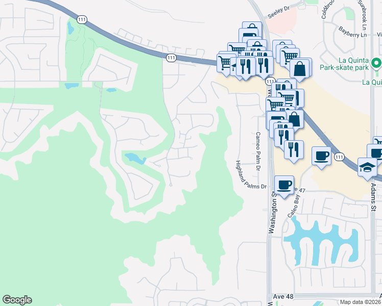 map of restaurants, bars, coffee shops, grocery stores, and more near 46639 Arapahoe in Indian Wells