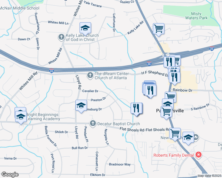 map of restaurants, bars, coffee shops, grocery stores, and more near 2690 Preston Drive in Decatur