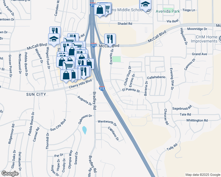 map of restaurants, bars, coffee shops, grocery stores, and more near 28301 Encanto Drive in Menifee