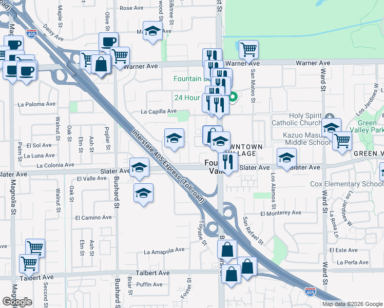 map of restaurants, bars, coffee shops, grocery stores, and more near 17432 Winemast Street in Fountain Valley