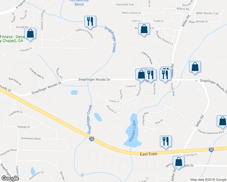 map of restaurants, bars, coffee shops, grocery stores, and more near 34 Quail Run in Decatur