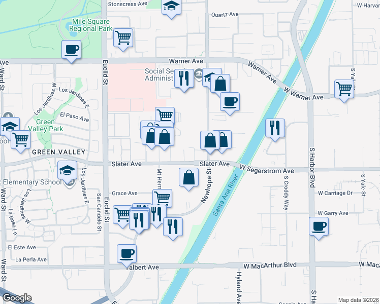 map of restaurants, bars, coffee shops, grocery stores, and more near 17481 Mount Cliffwood Circle in Fountain Valley